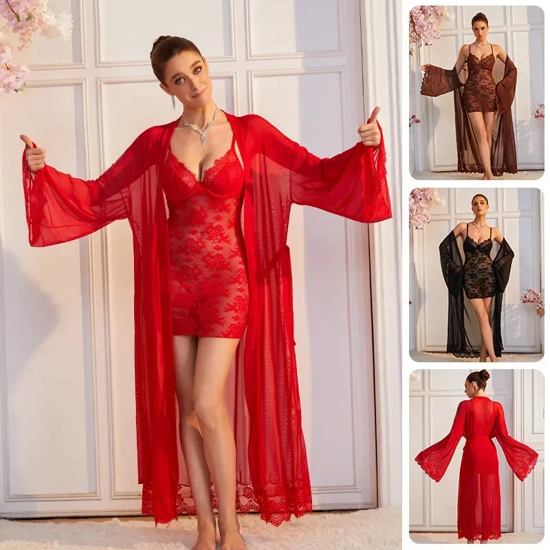 Lace See-through Nightgown Set For Women Long Mesh Robe With Camisole Nightdress Sexy Two-piece Dress Pure Desire Casual 6BJL