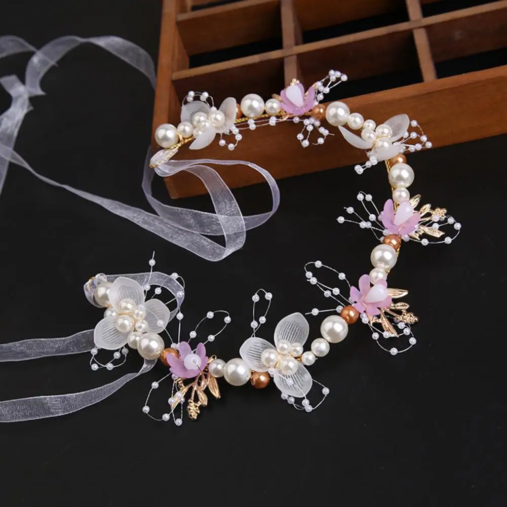 Exquisite Girls Headband Ribbon Lace-up Headpieces Headband Garland Flower Leaves Faux Pearls Decor Kids Princess Crown