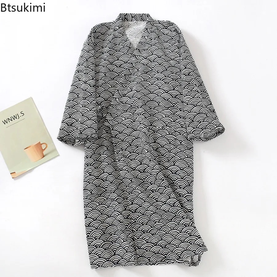 2025 New Men's 100% Cotton Gauze Bath Robes Loose Thin Japanese Kimono Pajamas for Men Casual Lace Up Bathrobes V-Neck Nightgown