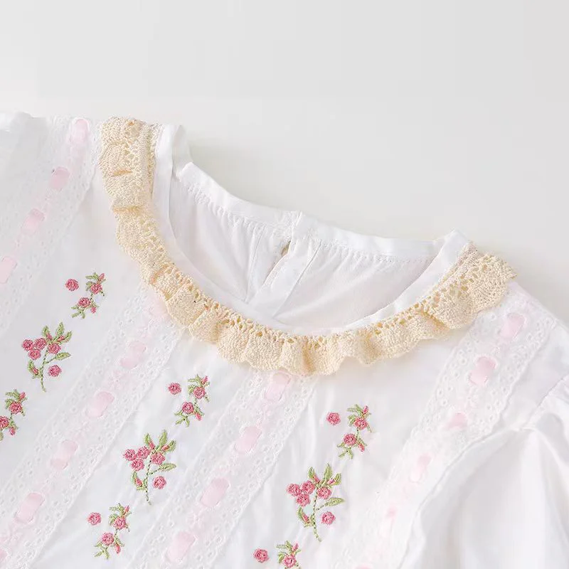 Girls\' Vacation Style Dress Summer 2024 New Children\'s Flower Embroidered Short sleeved Beach Girl Cotton Princess Dress