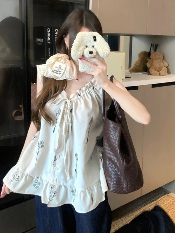 

Floral Print V-Neck Sleeveless Top Women's Summer Outerwear Tank Vest Korean Style Loose Fit Polyester Fiber Casual Shirt