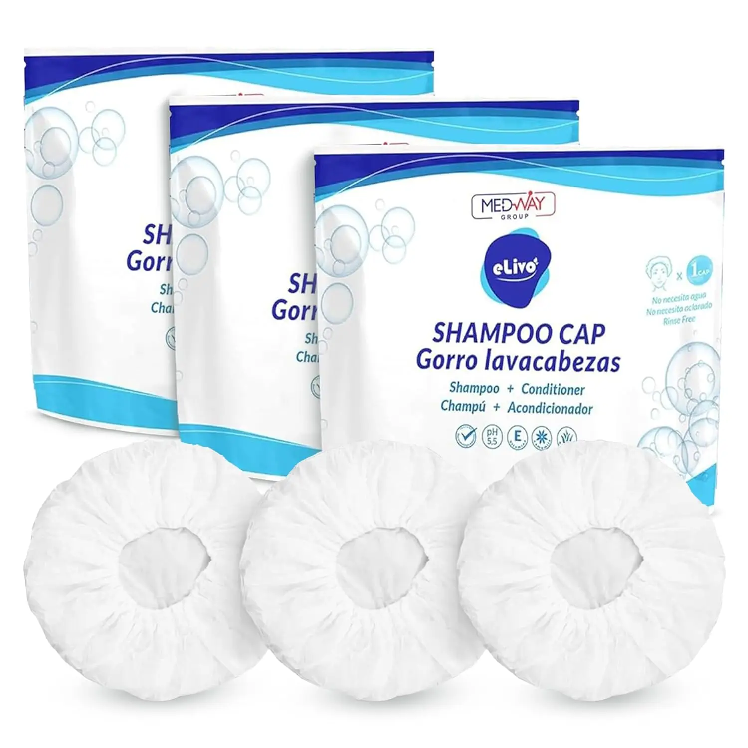 No Rinse Shampoo Cap 3 Pack - Waterless Hair Cleaning with Conditioner for Elderly Care, Bedridden Patients, Travel & Hospital