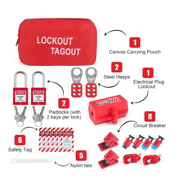 الأحمر مجموعة قفل كهربائي Tagout أطقم السلامة غلق بمشبك مزلاج تحذير العلامات قطاع دارة لوتو أقفال العلاقات النايلون مع حقيبة الجيب #3