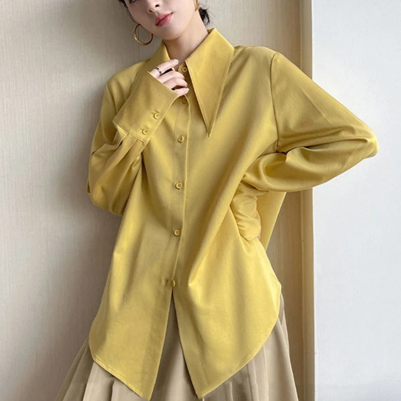 Y2k Women Blue Chiffon Shirts Korean Elegant Loose Pointed Collar Female Casual Blouse Autumn New Chic Office Button Ladies Tops