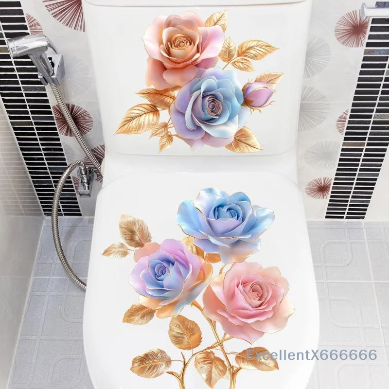 Floral Toilet Sticker Waterproof Bathroom Wall Sticker Toilet Lid Sticker Self-Adhesive Removable