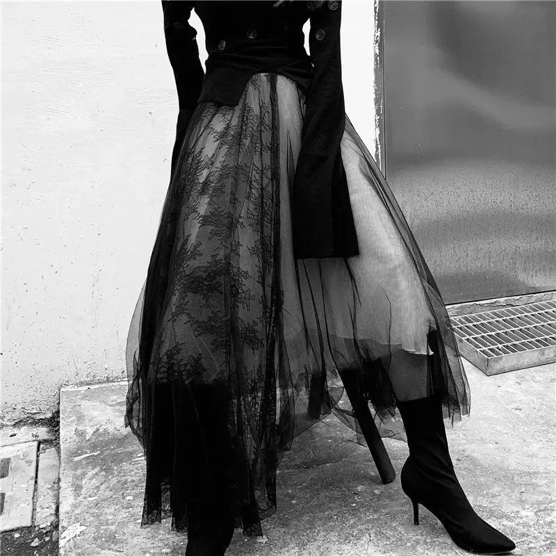 

Long Luxury Soft Tulle Skirt Lace Stitching Gothic White Black Pleated Tutu Skirts Womens Vintage Petticoat Lange Rok Jupes A210