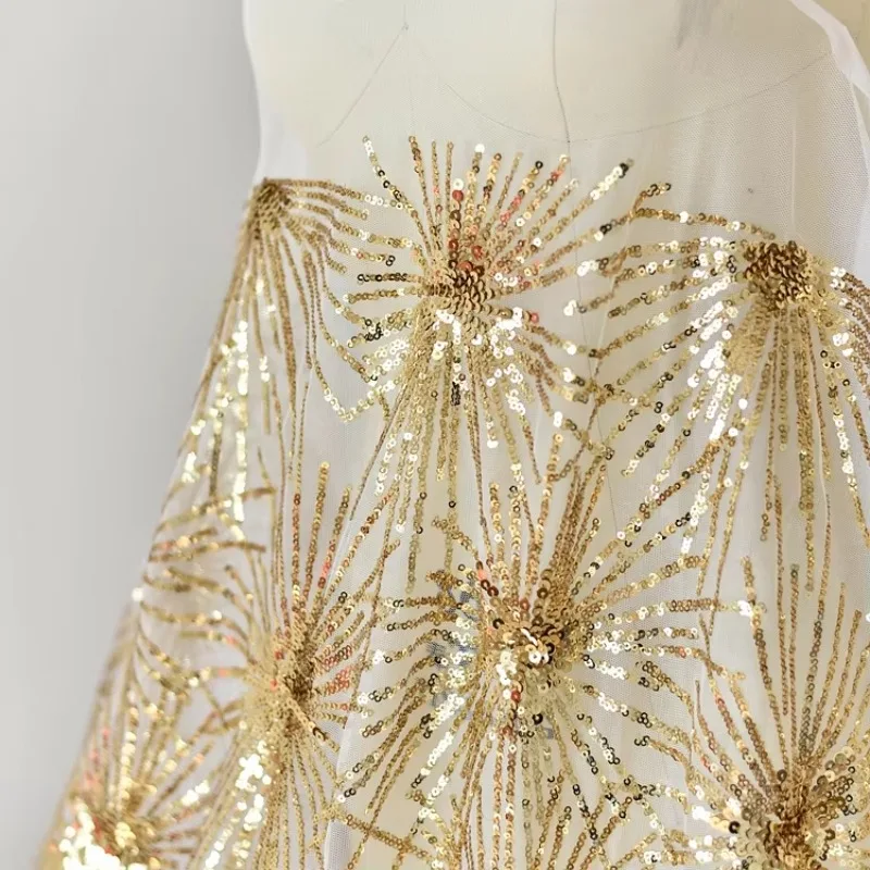 

White Embroidered Gold Sequin Lace Fabric for Wedding Dresses Clothing Home Decoration Handmade Accessories