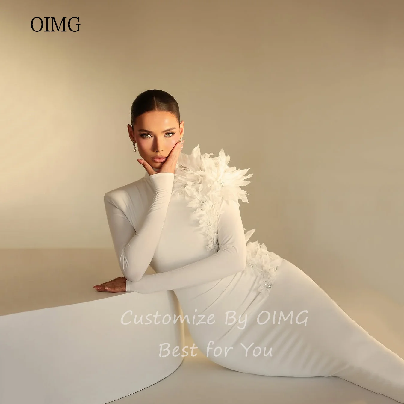 OIMG Superstar Mermaid Wedding Dress High Neck Flower Decoration Bride Dresses Spandex Wedding Gowns vestidos Customized