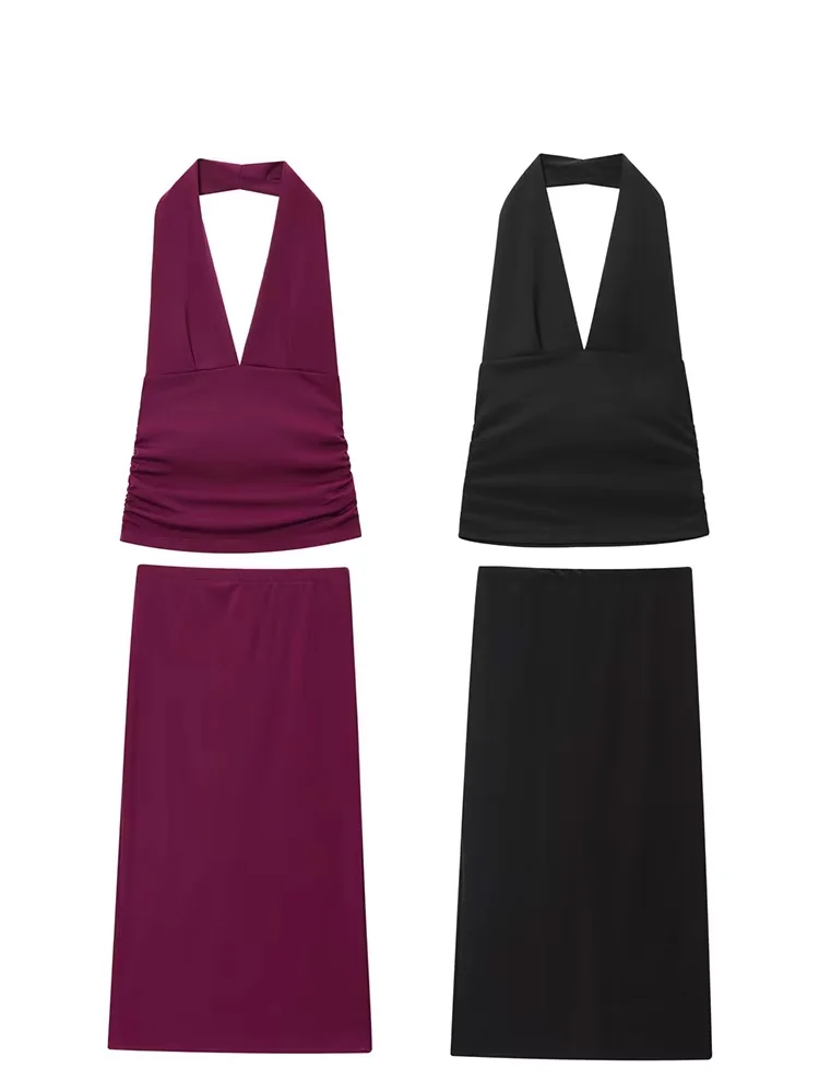 

HH Women Midi Skirts Set Hanging Neck Collar Sleeveless Pleated Short Tops+A-Line High Waist Elastic Midi Skirt Women Suits