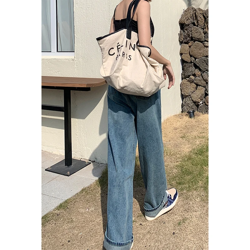 Jeans da donna Dra a vita alta foderati in Fce lunghi fino al pavimento Pantaloni autunno inverno a gamba larga con taglio dritto Effetto dimagrante