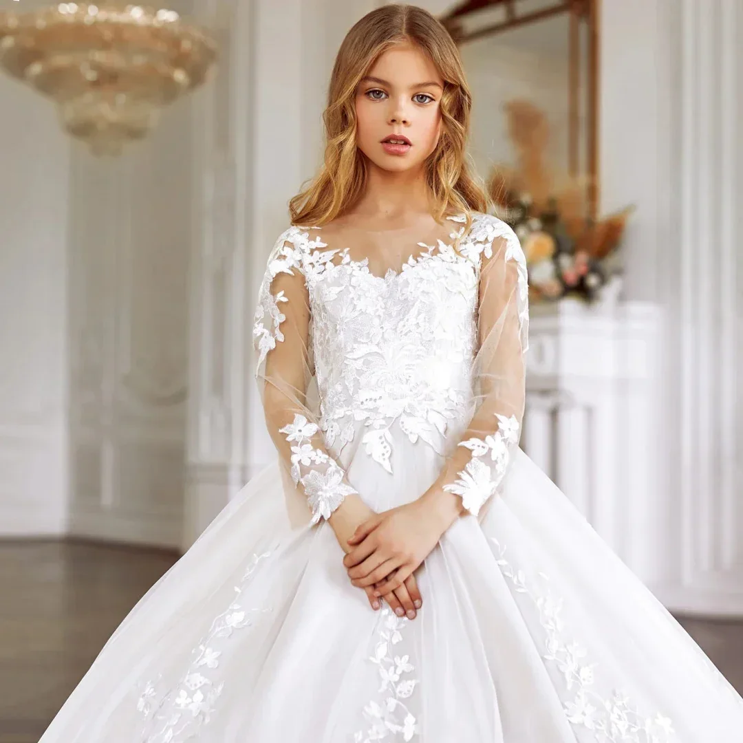 カスタマイズされたフラワーガールのドレス白花刺繍アップリケ末尾長袖結婚式誕生日パーティー宴会ガウン