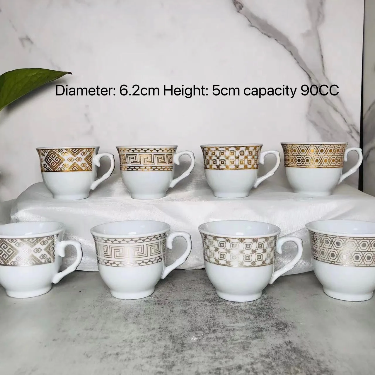 High Quality Ceramic Water Cup Platinum Silver Pattern Round 90ml Ethiopian Coffee Cup Set