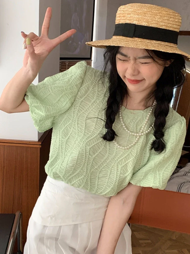 T-shirts Women Sweet Puff Sleeve Solid Gentle Tops Summer French Style All-match Aesthetic Girlish Simple Tender Mujer футболка