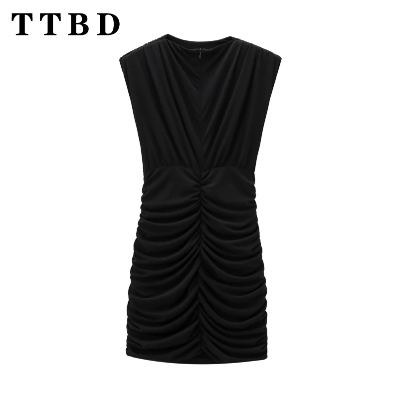 TTBD 2024 New Summer Women's Elegant Pleated Bodycon Mini Dress O-Neck Sleeveless Sexy Hipster Streetwear