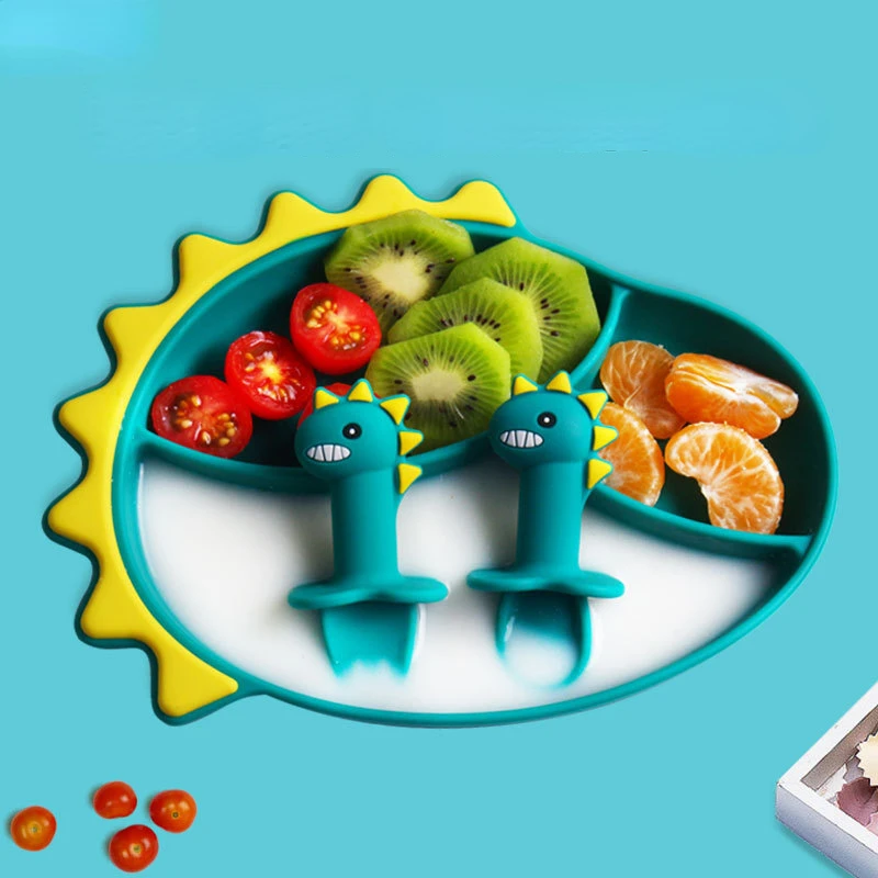 Baby Tableware Set Cartoon Dinosaur Suction Plate Spoon Fork Staw BPA Free Silicone Bibs Non-Slip Baby Feeding Bowl Kids Dishes