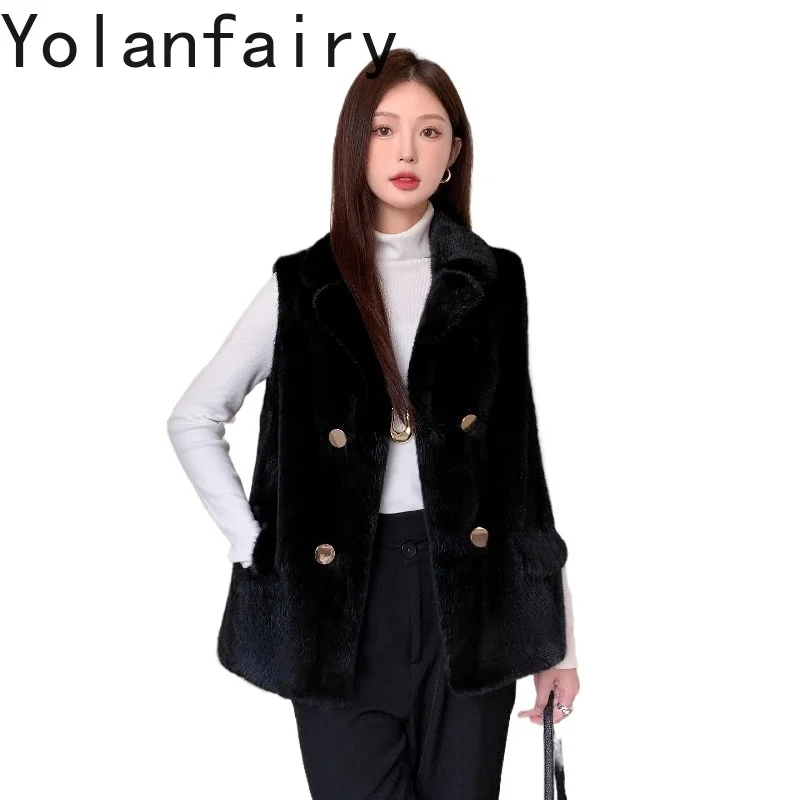 YOLANFAIRY Naturalny Płaszcz z Futra Damski Luksusowy Zimowy 2025 Bezrękawnik z Prawdziwego Futra Norki Kamizelka z Futra dla Kobiet Czarna Kurtka Futrzana