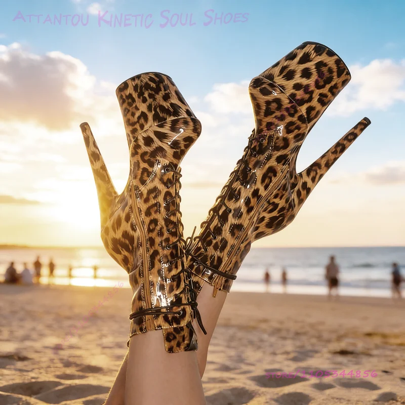 

Leopard Print Patent Leather Brown Boots 20cm 8 Inches Women Black Graffiti Lace Up Zip Calf Booties Pole Dancing Stiletto Shoes