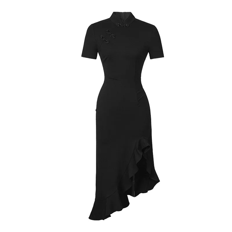 فستان تشيباو نسائي أسود غير منتظم بذيل السمكة، موديل صيف 2025 الجديد، خصر مرتفع، قطن، أكمام قصيرة، تصميم أساسي للمنزل والأعمال #1