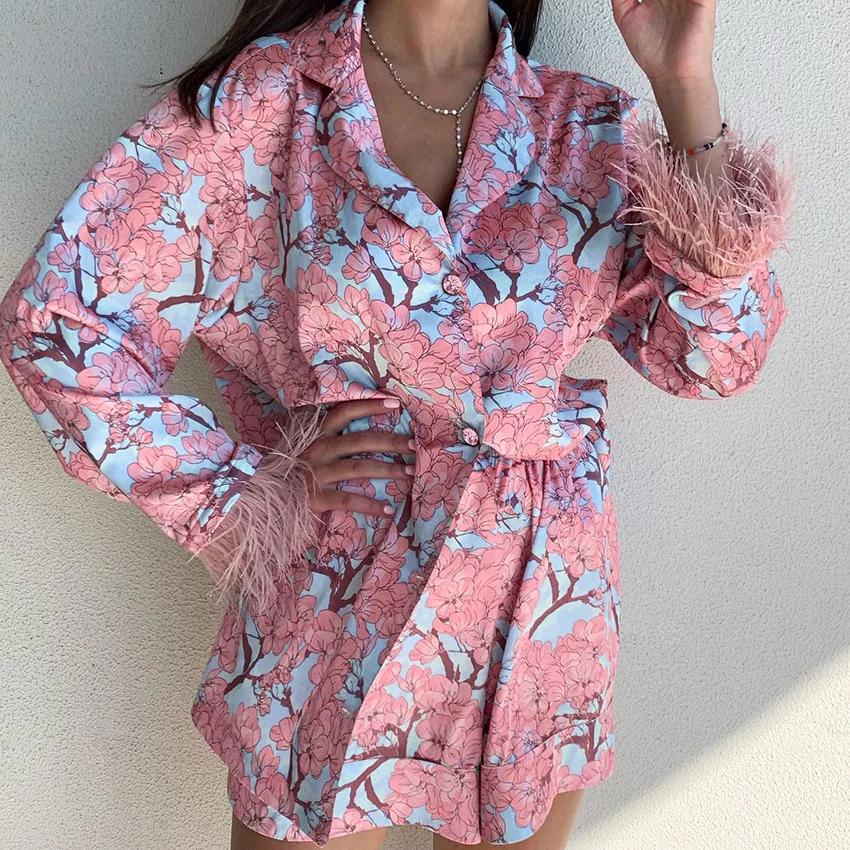 

Casual Homewear Feathers Pajamas For Women 2 Piece Sets Print Long Sleeve Sleepwear Spring Female Loose Suits With Shorts 2023