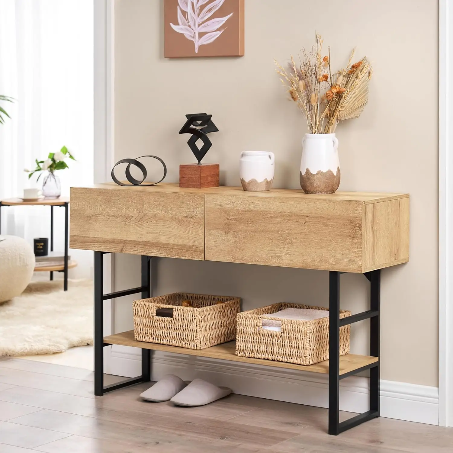 Mesa Consola con Efecto Roble, 2 Cajones y Estante Ajustable, Mueble para Recibidor o Pasillo, 75x120x30 cm, Personalizable