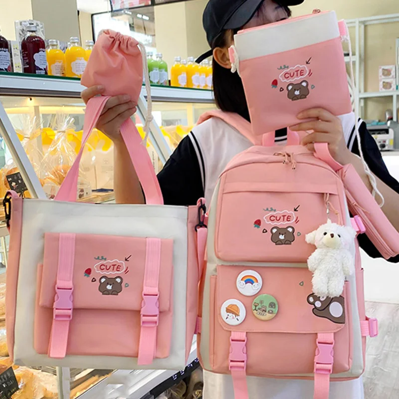 Primary School Bag Set for Boys Girls Cartoon Bear Girl\'s Backpack Children Cute Junior High School Combination Schoolbags 5PCS