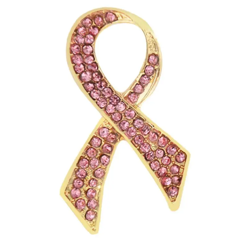 Gold Tone Pink for Rhinestone Ribbon Brooch Pins Jewelry Women Surviving Awareness Lapel Badges