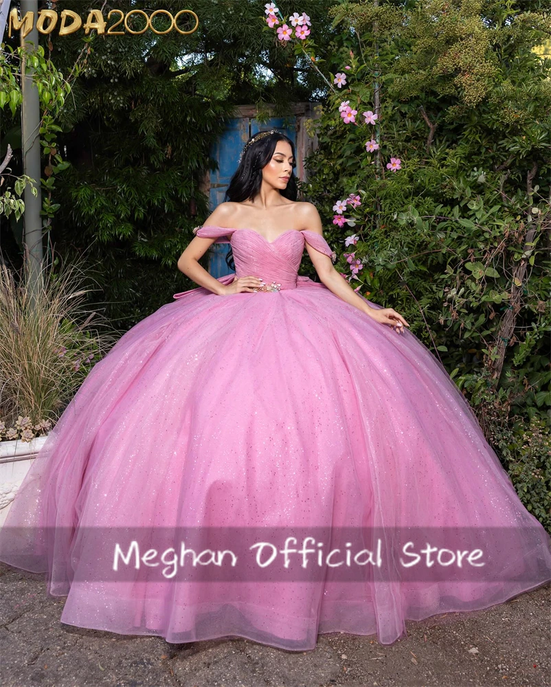 Pink Off The Shoulder Traditional Off The Shoulder Ball Gown Quinceanera Dresses Beaded Bow Sweet 16 Dress Vestido De 15 Anos