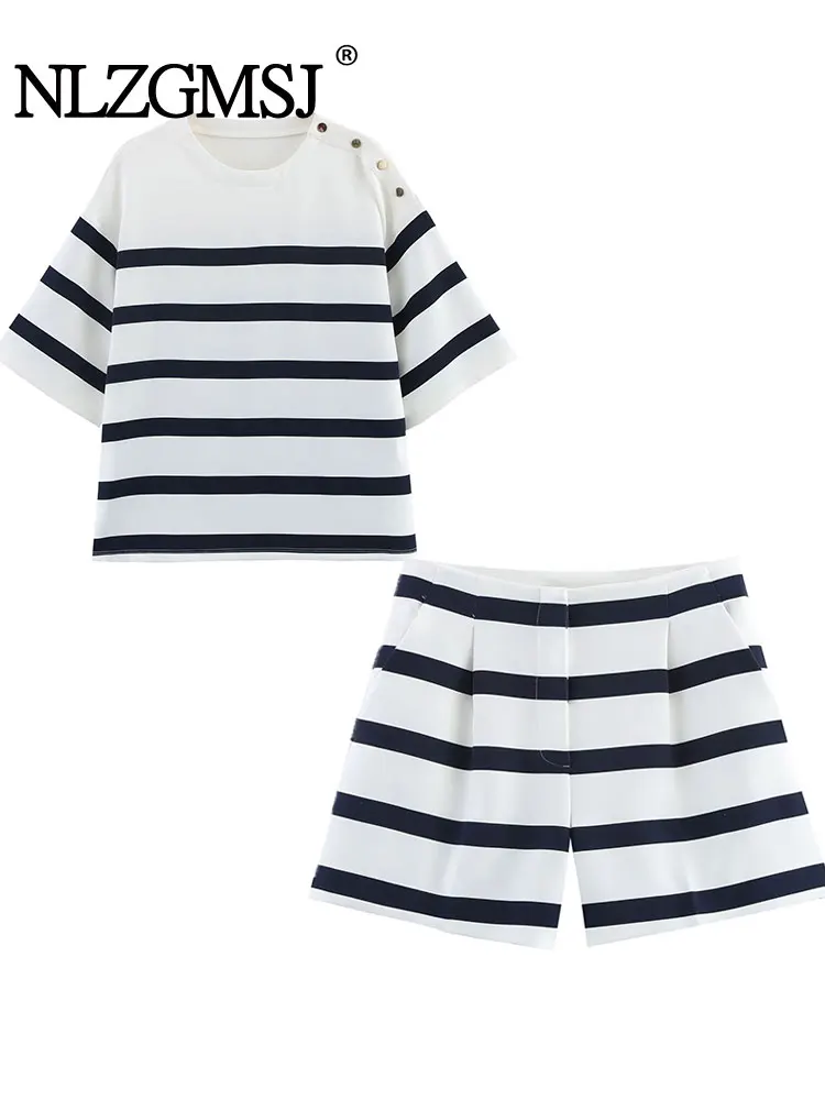 NLZGMSJ 2025 بدلة نسائية صيفية أنيقة غير رسمية شريطية برقبة دائرية وأكمام قصيرة شورت فضفاض مستقيم أطقم موضة جديدة