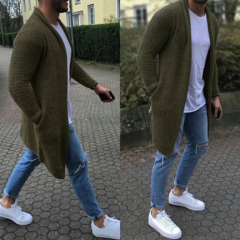 Men Cardigan Solid Color Open Front Knit Sweater Loose Pocket Men Cardigan Coat Fashion Winter Long Cardigan Men's Clothing