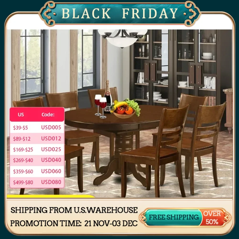 The KELY7-ESP-W 7-Piece Dining Table Set includes an oval dining table with butterfly leaves and 6 wooden seats, 42x60 inches