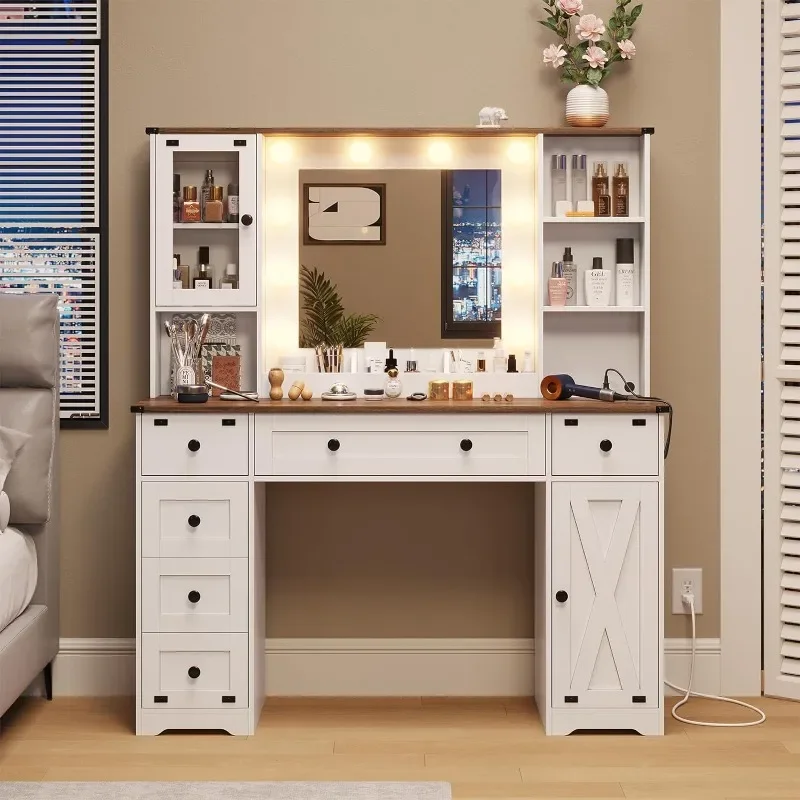 

Makeup Vanity Desk with Mirror & Lights, Farmhouse Vanity Table with Charging Station, 43'' Bedroom Dressing Table w/ 6 Drawers