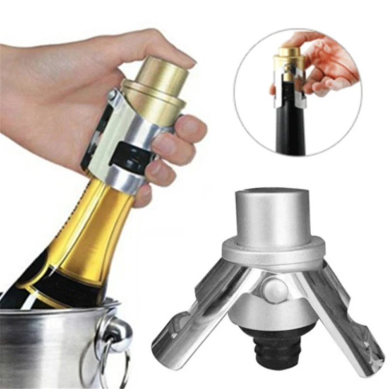 Stainless Steel Champagne Stopper Cork Sparkling Wine Bottle Plug Sealer Push-Type Inflatable Cap Bottle Opener Bar Accessories