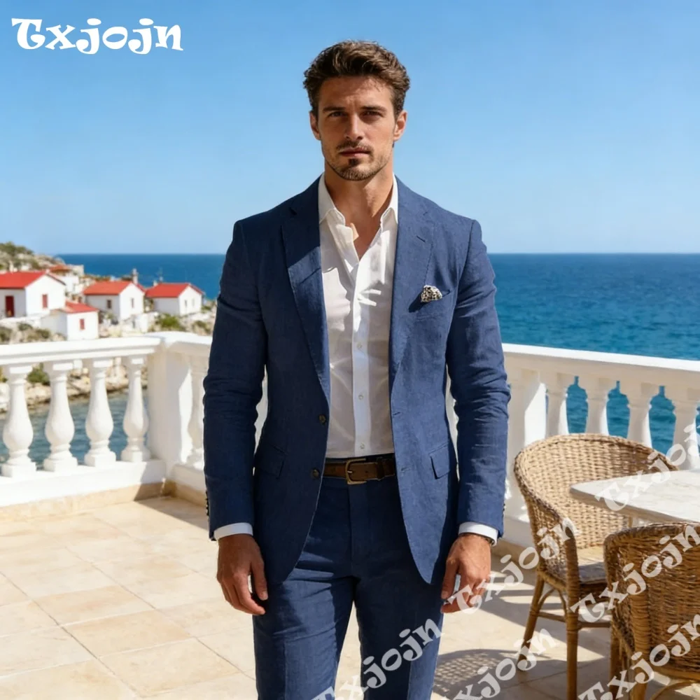 

Premium Linen 2PCS Suit Set Modern Tailored Fit Peak Lapel Jacket Pants Breathable For Date Nights Meetings Special Occasions