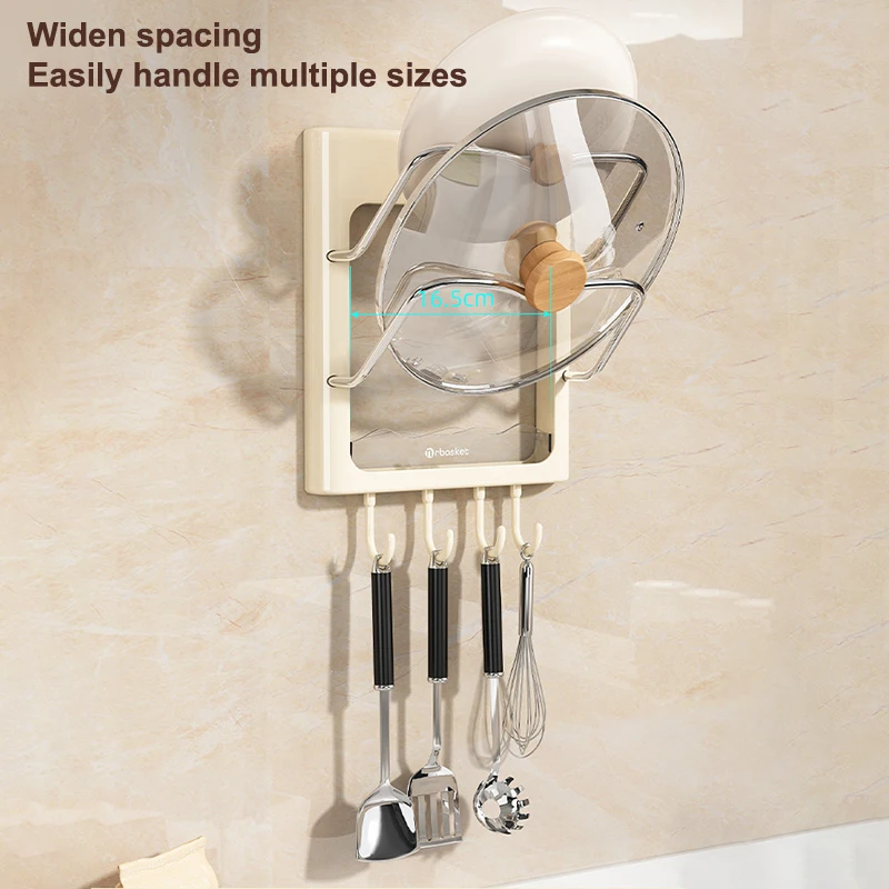 주방 캐비닛용 냄비 뚜껑 홀더, 벽걸이 형 구멍이 없는 냄비 뚜껑 정리함, 4 후크 (베이지), 신제품