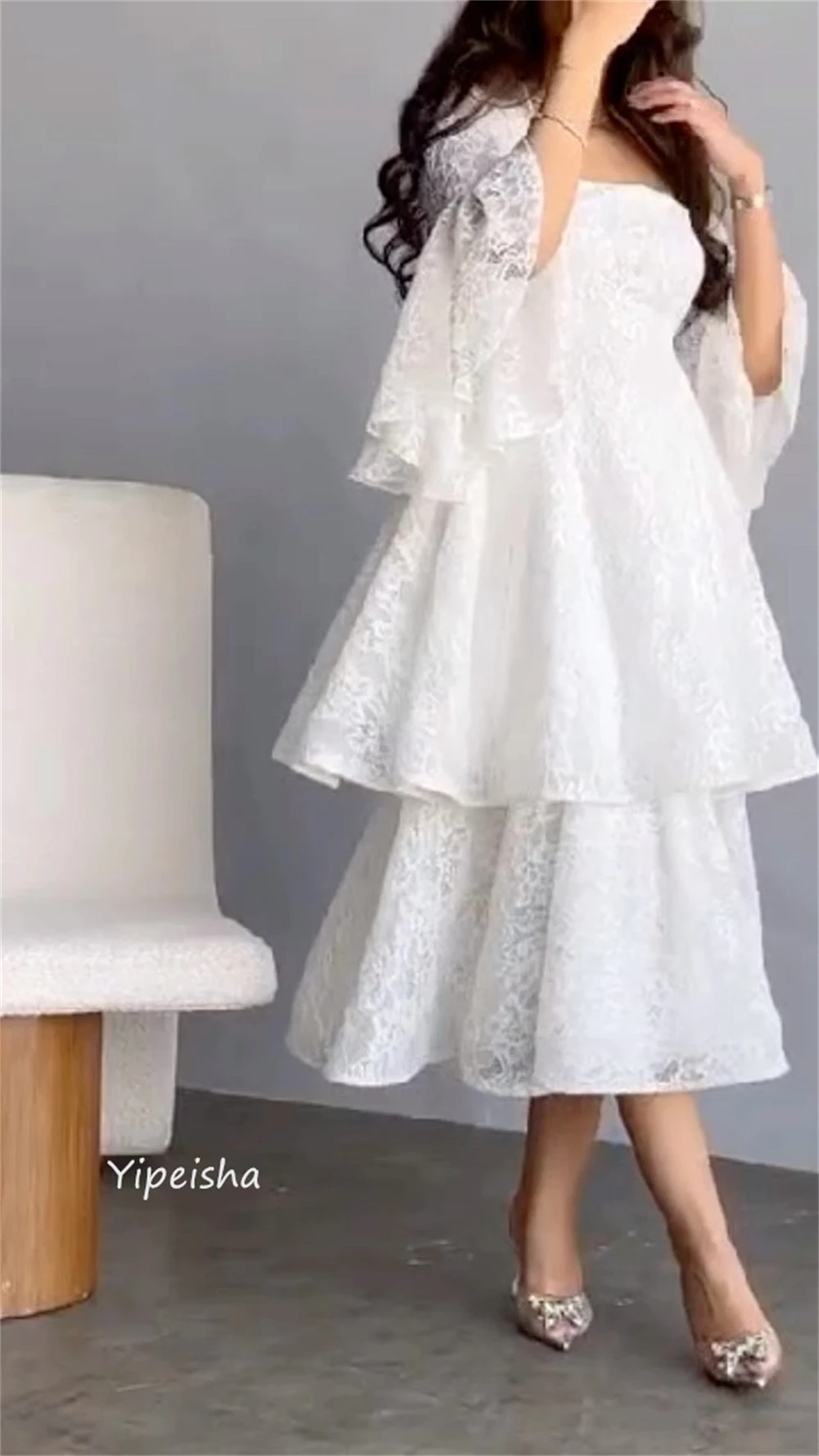 Vestidos de fiesta personalizados, estilo moderno, informal, con cuello cuadrado, corte en A, escalonado, hasta la rodilla, de encaje, a medida, para ocasiones de noche