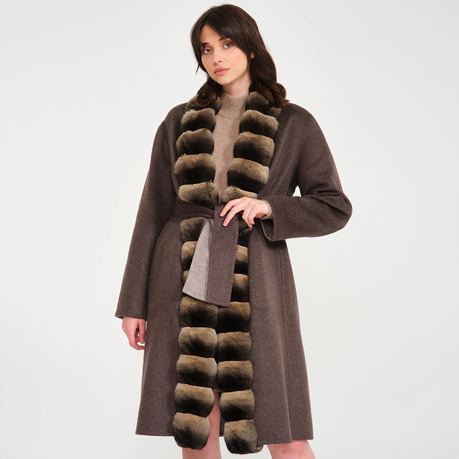 Chinchilla Rex Rabbit Fur Coat Winter Wool Blends Jacket Women Real Fur Collar Best Selling Cashmere Jacket Luxury