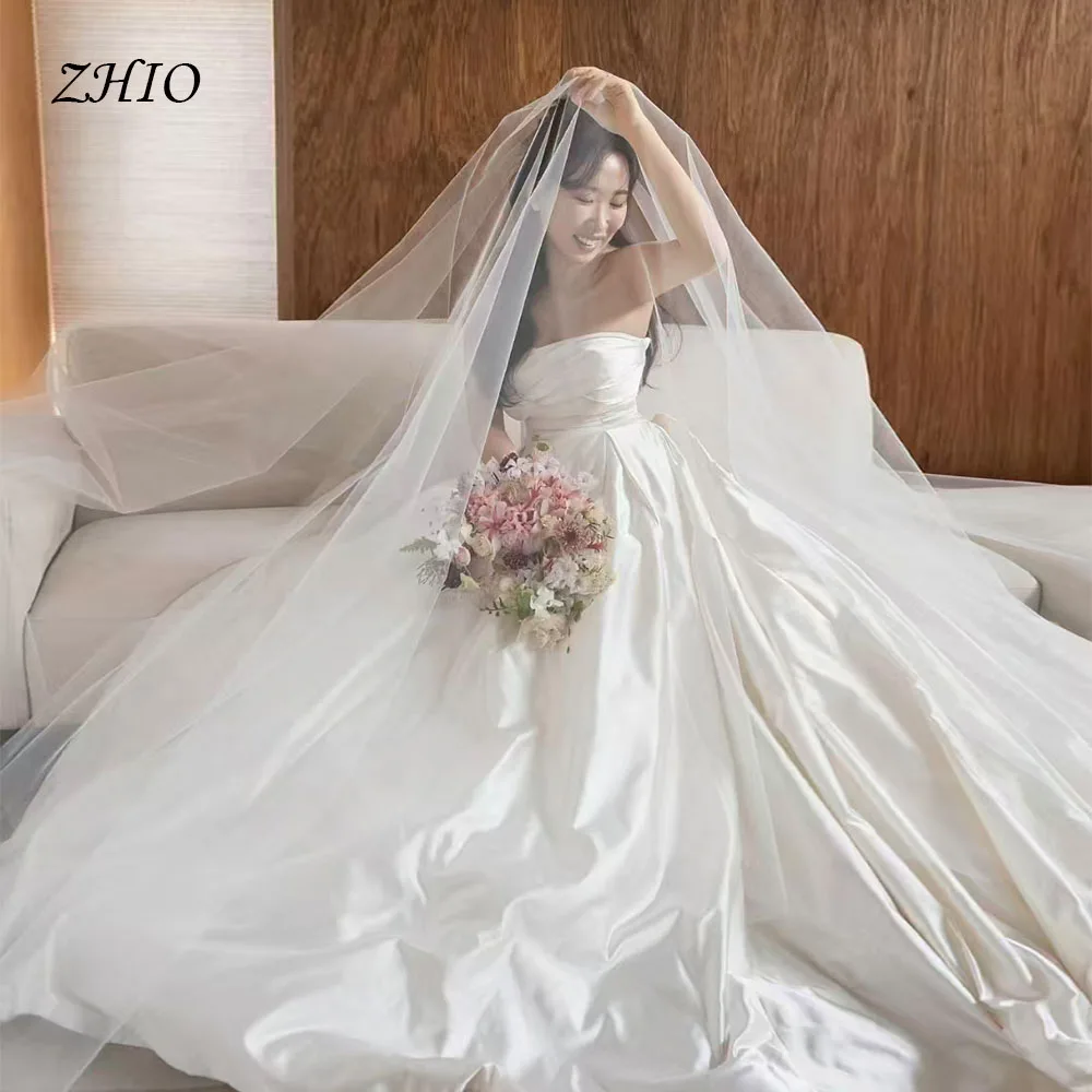 ZHIO Princess White Taffeta Wedding Dress Strapless Corset A-Line Korea Photo Shoot Bridal Reception Gown Customized 웨딩드레스
