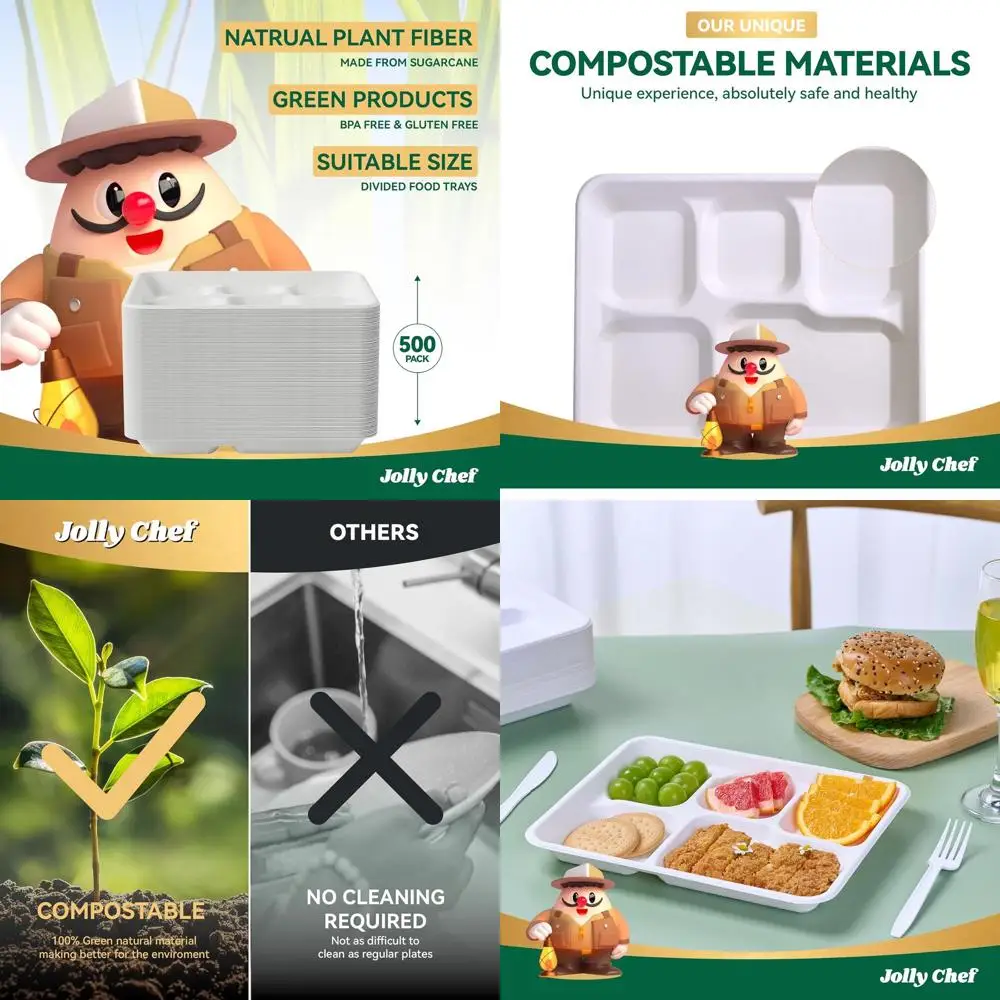 

Eco-Friendly 5-Compartment Paper Plates, 10x8.25x1 Inches, 500 Pack, Heavy Duty Divided Disposable White Food Tray for School, L