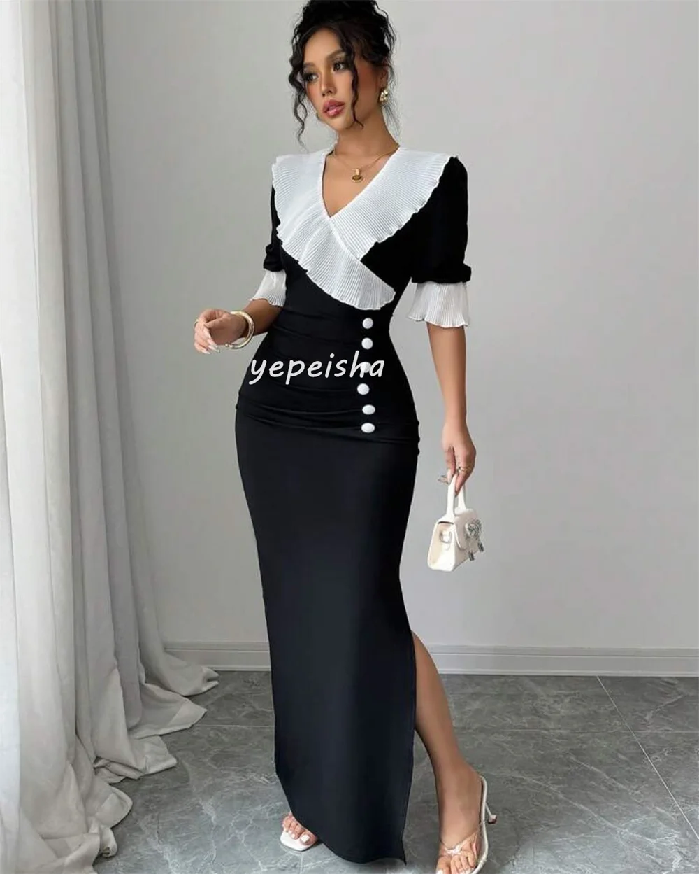 Customized Matching Fashion Jersey Draped Button Straight V-neck Long Dresses Bespoke Occasion Dresses Elegant Exquisite Formal