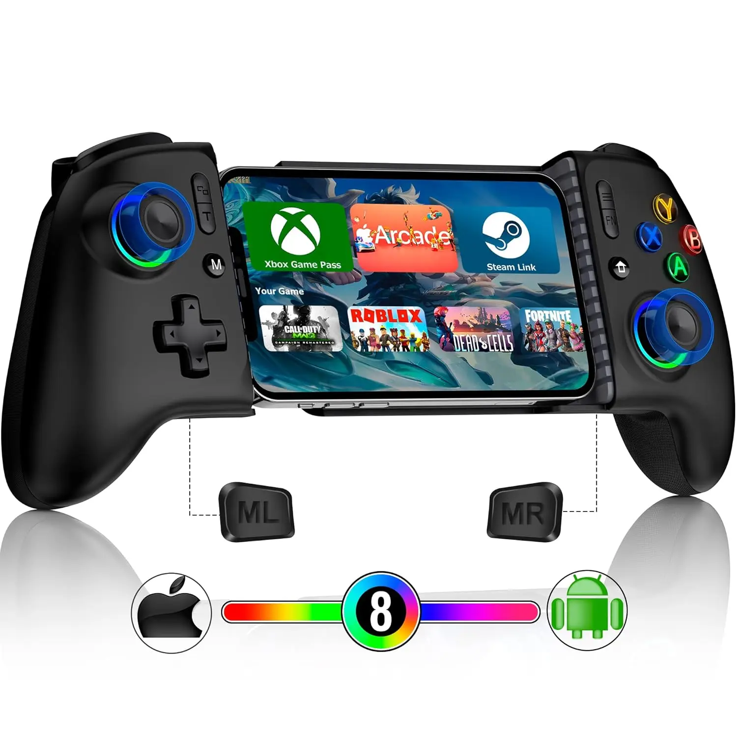 

Mobile Gaming Controller for iPhone/Android/Switch with Programmable Joysticks, Hall Effect Triggers & RGB Lights