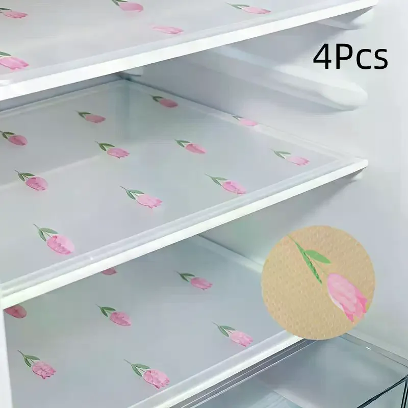 4Pcs Anti Slip Drawer Liner With Tulip Pattern Waterproof EVA Fridge Pad Anti Oil Kitchen Placemat For Home Supply For Daily Us