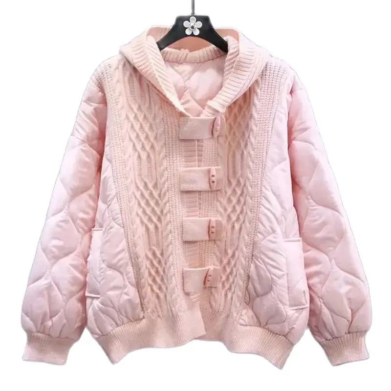 Spring Autumn Mid-Long Sweater Jacket Women 2024 New Loose Hooded Thicken Knitwear Coat Fashion Horn Button Cardigan Tops Female