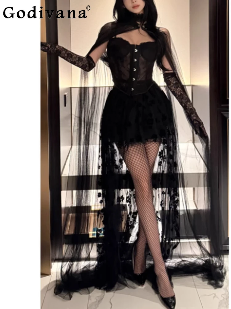 

Sexy Lace Gauze Suspender Top High Waist A-line Fashion Front Short Rear Long Cosplay Halloween Skirt Fashion Cape Uniform Sets