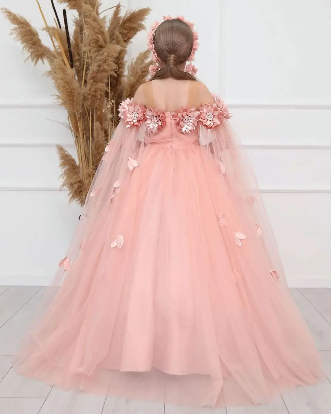 Communion Dress with Embroidery Floral Wrap Cape Princess Ball Gown Fluffy Skirt Tulle Fairy Formal Party Prom Evenin