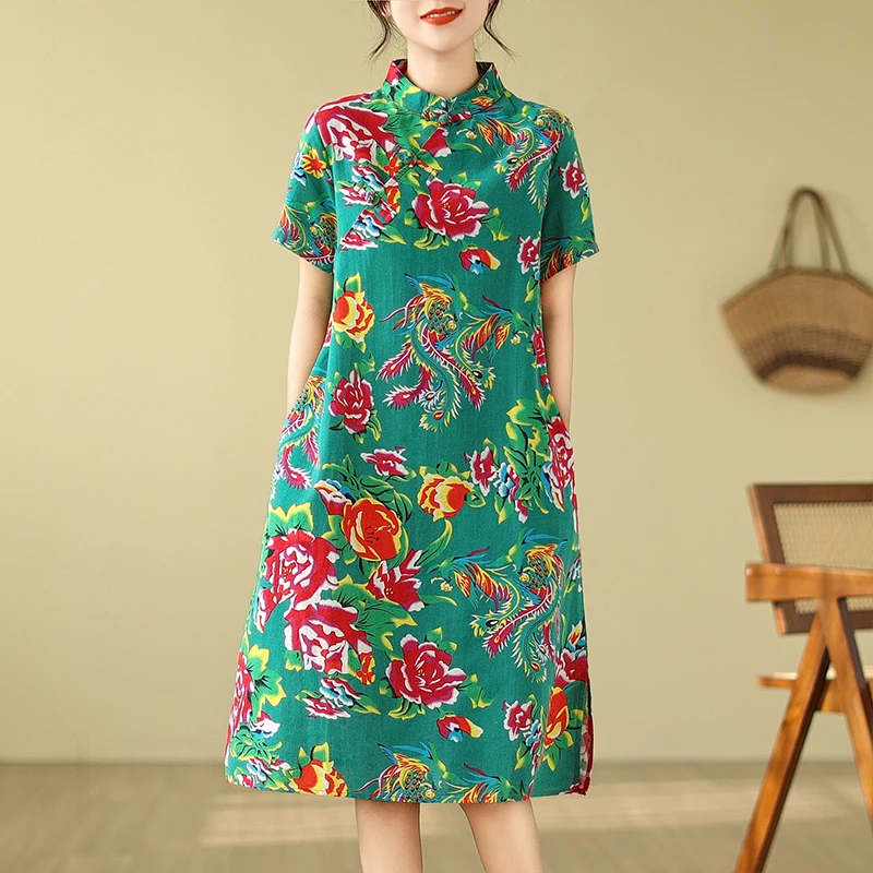 

Northeast China Large Flower Retro Artistic New Chinese Sle Loose Midi Dr Women's Faionable Summer Dr Cotton Blend