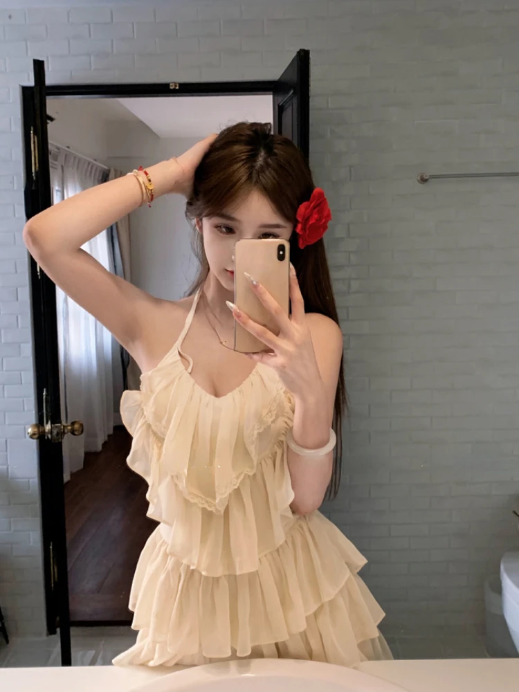 Summer Casual Beach Style Y2k Mini Dress Women Chiffon Lace Dress Even Party Korean Fashion Clothing Pure Color Sleeveless