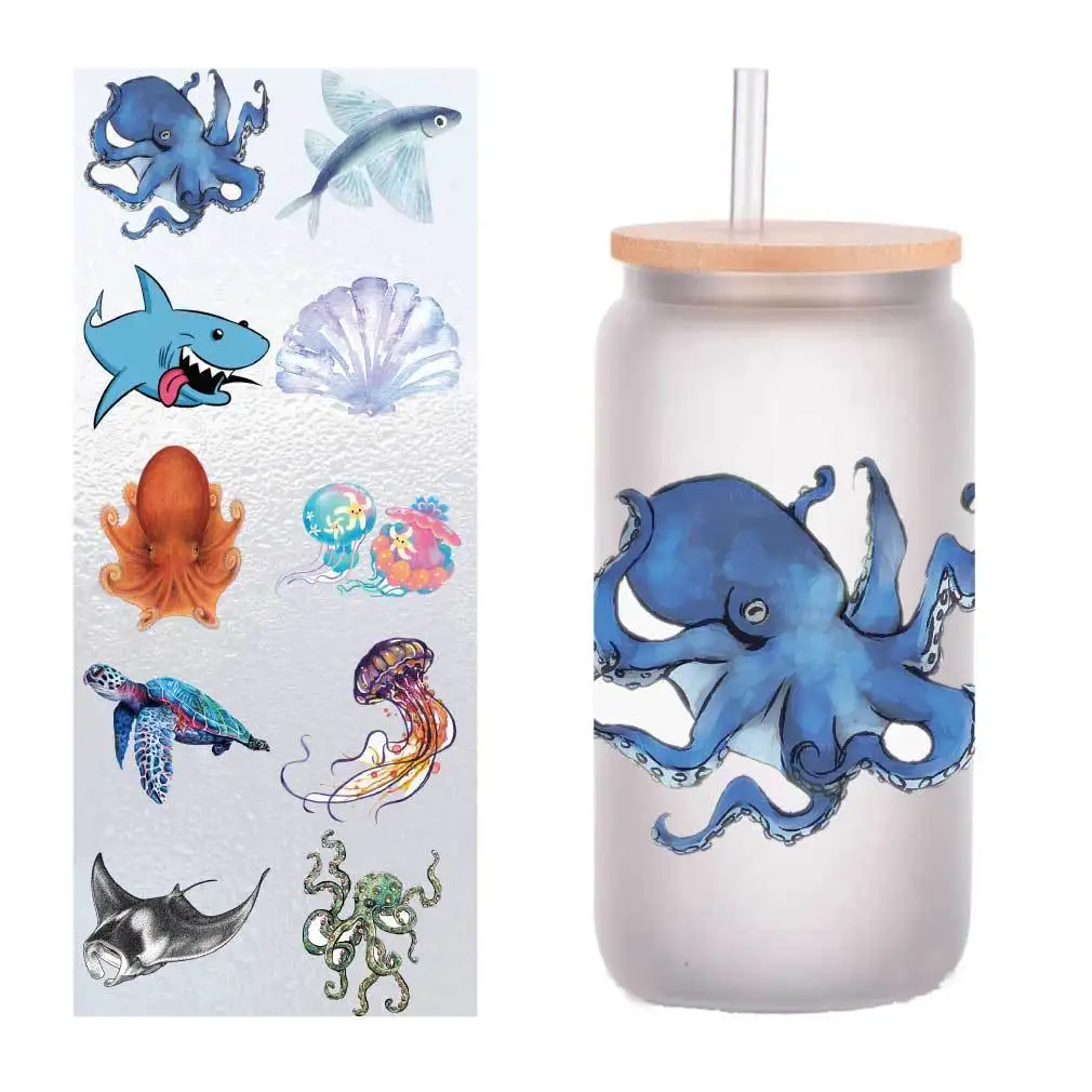 

10 pieces/pack cartoon marine life UV transfer sticker Crystal label glass sticker customized four inches