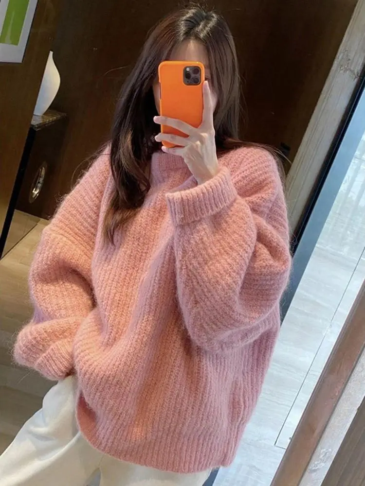 

Loose Women's Pink Sweater Overhead Sweet Sle Knitted Top Faionable All Match Autumn Winter Season Brand Unregistered