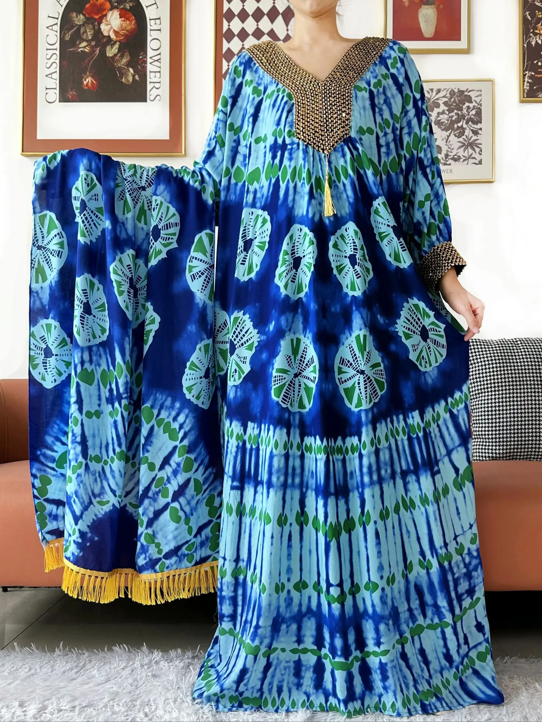 Robe musulmane élégante à manches longues, broderie fil d'or, coton pour femmes, ample, Abaya, style Boho, Maxi, tenue décontractée, robes africaines