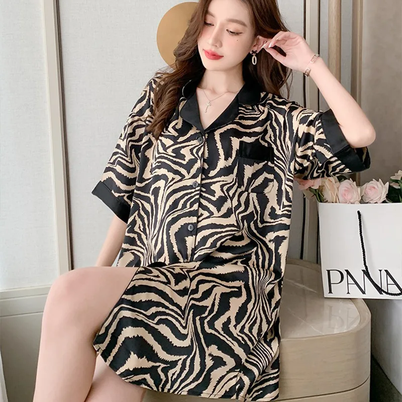 Women Nightgowns Satin Silk Zebra Striped Print Sleepwear Buttons Nightwear Dress Sexy Lingerie Gown Robe Homedress Nightdress